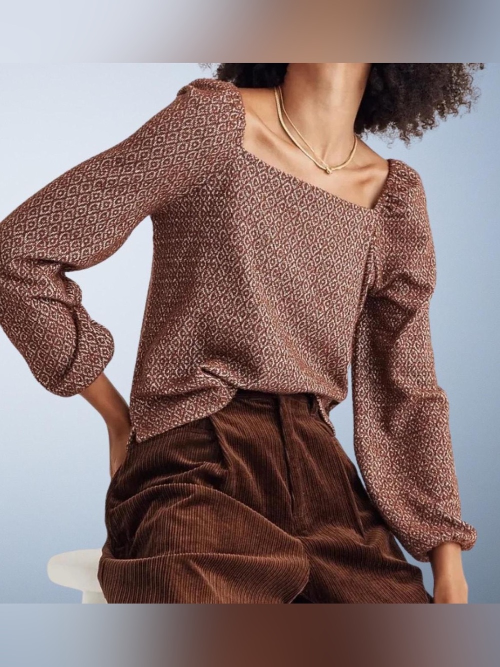 Madewell - Jacquard Brown Puff Long Sleeve Boho Square Neck Blouse Size XL